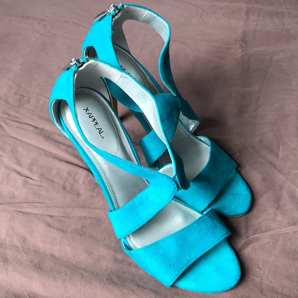 Teal X-Appeal Veronica suede Open Toe Heels
